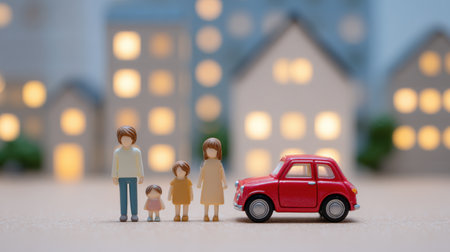 A family of four is standing in front of a red car. The car is a toy and the family is made of plastic. The scene is set in a city with buildings in the background. Scene is playful and lightheartedの素材