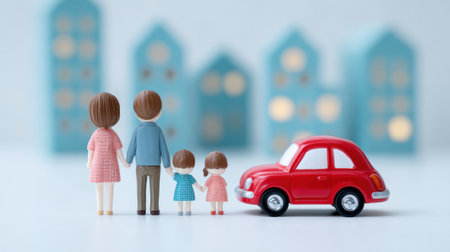 A family of four is standing in front of a red car. The car is a toy and the family is holding hands. Scene is warm and loving, as the family is spending time togetherの素材