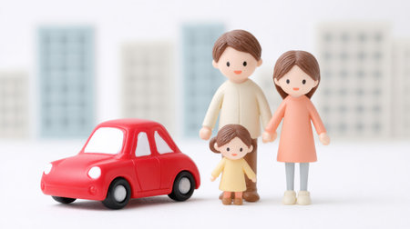 A family of three, a man and two children, are standing in front of a red car. The car is parked on a white surface, and the family appears to be posing for a photoの素材