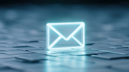 A glowing envelope is on a gray surface. The envelope is lit up and he is glowing in the darkの素材