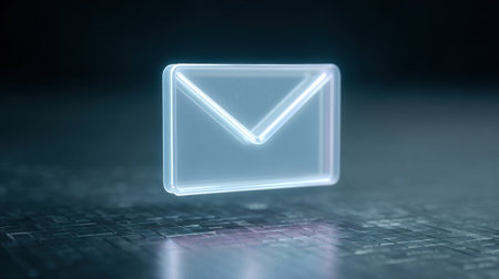 A clear envelope with a blue background. The envelope is floating in the air. The envelope is a symbol of communicationの素材