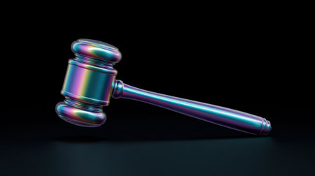 A colorful gavel is shown on a black background. The gavel is made of metal and has a rainbow-colored handle. Concept of creativity and playfulnessの素材