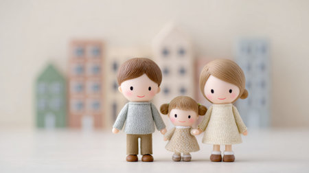 A family of three, a man and two children, are standing together in front of a cityscapeの素材