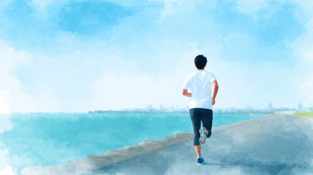 A man runs on a path near the ocean. The sky is blue and the water is calmの素材