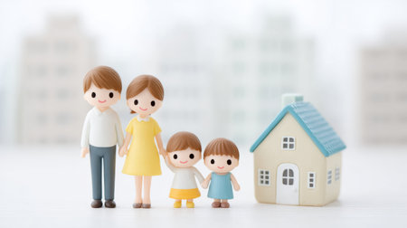 A family of four is holding hands and standing in front of a house. The house is blue and whiteの素材