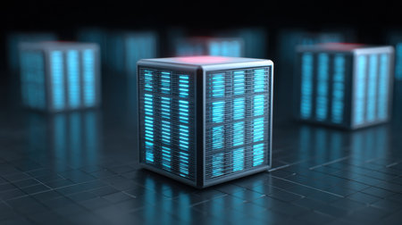 A cube with blue lights on it is surrounded by other cubes. The cubes are all different sizes and colorsの素材