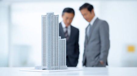 Two men are looking at a model of a building. Scene is professional and focused, as the men are likely discussing the design and details of the buildingの素材