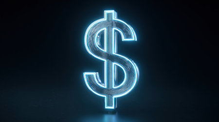 A dollar sign is lit up in neon colors. The image has a futuristic and modern feel to itの素材