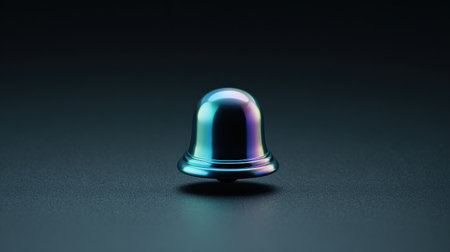 A small, colorful, metallic bell sits on a dark surface. The bell is surrounded by a blue and purple hue, giving it a sense of depth and dimension. The image conveys a feeling of calm and serenityの素材