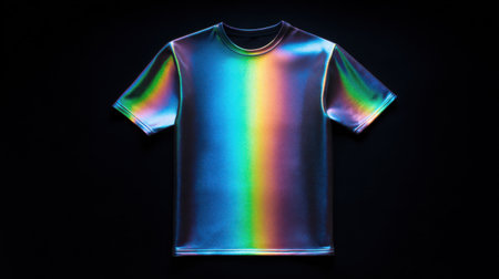 A shirt with a rainbow pattern is shown in a black background. The shirt is colorful and has a unique designの素材