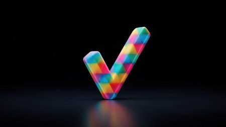 A colorful check mark made of plastic. The check mark is multicolored and has a shiny, reflective surfaceの素材
