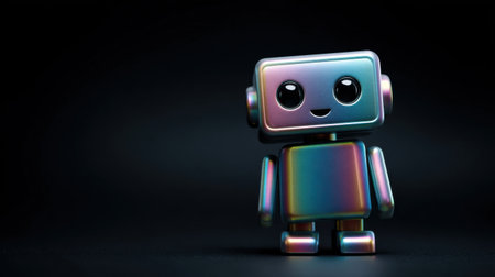 A robot with rainbow colored arms and legs stands in front of a black background. The robot has a happy expression on its faceの素材