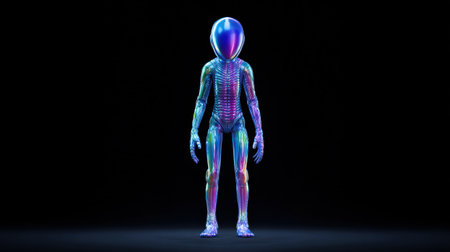 A colorful, futuristic looking robot stands in a black background. The robot is made of neon colors and has a metallic look to it. The image gives off a futuristic and sci-fi vibeの素材