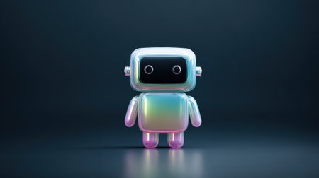A robot with a colorful body stands in front of a dark background. The robot's colorful appearance and the contrast with the dark background create a sense of wonder and curiosityの素材