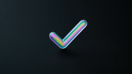 A glowing green and purple check mark is displayed on a black background. The check mark is made of a shiny, reflective material that gives it a futuristic appearanceの素材