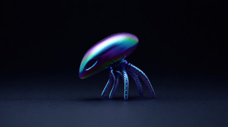 A small, colorful creature with a metallic shell. The creature is sitting on a black surface. The metallic shell is reflective and the colors are vibrantの素材