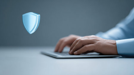 A person is typing on a keyboard with a blue shield in the background. The shield is a symbol of protection and security. Concept of safety and trustの素材