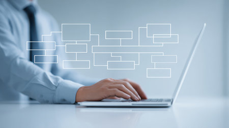 A man is typing on a laptop with a diagram of blocks on the screen. Concept of organization and structure, as the blocks represent different elements that can be arrangedの素材