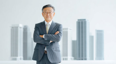 A man in a suit stands in front of a city skyline. He is wearing a tie and has his arms crossed. Concept of professionalism and confidenceの素材
