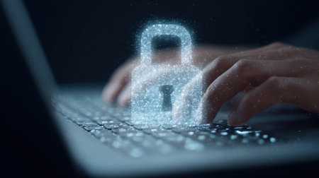 A person is typing on a laptop with a blue lock symbol on the screen. Concept of security and protection, as the lock symbolizes a secure system or password. Scene is serious and focusedの素材