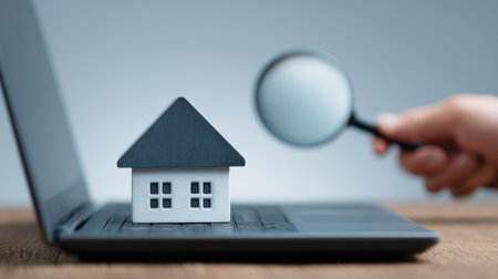 A person is looking at a house on a laptop. The house is small and white. The person is using a magnifying glass to look at the houseの素材