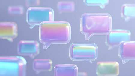 A bunch of colorful, rainbow-colored bubbles with a speech bubble in the middle. The bubbles are floating in the air and appear to be floating in a sea of other bubbles. Scene is playful and whimsicalの素材