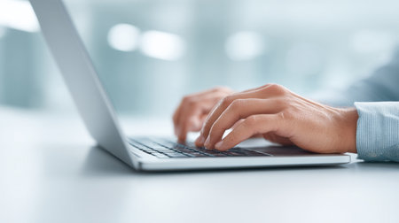 A person is typing on a laptop computer. Concept of productivity and focus, as the person is likely working on a task or project. The laptop screen is the main focus of the imageの素材