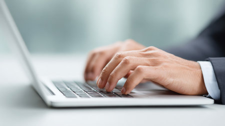 A man is typing on a laptop with his hand on the keyboard. Concept of productivity and focus, as the man is likely working on a task or project. The laptop itself is a modern and sleek deviceの素材