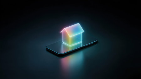 A house is projected on a phone screen. The house is colorful and he is glowing. Concept of warmth and happiness, as if the house is inviting and welcomingの素材
