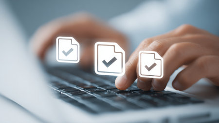 A person is typing on a keyboard with three files on the screen. The person is checking the files and giving them a thumbs up. Concept of productivity and efficiencyの素材