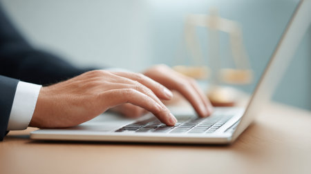 A man is typing on a laptop computer. Concept of focus and concentration as the man works on his computer. The laptop is placed on a wooden desk, and the man's hand is positioned over the keyboardの素材