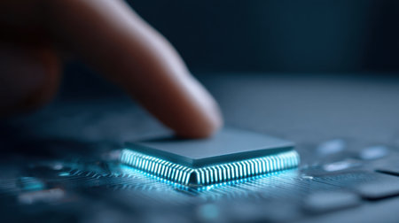 A person is pointing at a computer chip. The chip is glowing and he is a part of a computerの素材
