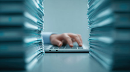 A person is typing on a laptop in front of a stack of papers. Concept of productivity and focus, as the person is working on a task amidst a pile of documents. The blue color of the laptopの素材