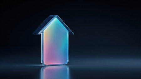 A house is shown in a colorful, abstract style. The house is made of glass and has a rainbow-colored roof. The house is placed on a dark background, which gives it a sense of depth and dimensionの素材