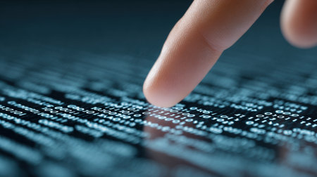 A finger is pointing at a screen with a lot of numbers. Concept of curiosity and exploration, as the finger is drawn towards the numbersの素材