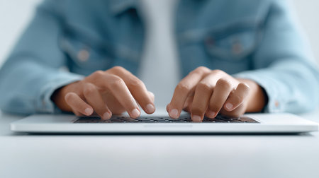 A person is typing on a laptop keyboard. Concept of productivity and focus, as the person is engaged in a task that requires concentration. The laptop itself is a modern and sleek deviceの素材