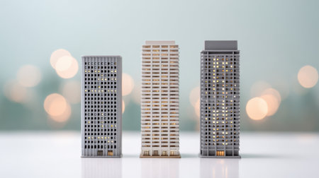 Three tall buildings are shown in a row, with the middle one being the tallest. The buildings are made of metal and are lit up at night, giving the impression of a bustling cityscapeの素材