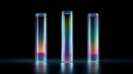 Three glass tubes with rainbow colors are shown in a black background. The tubes are arranged in a row, with the middle one being the tallest. The tubes appear to be glowing and reflecting lightの素材