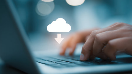 A person is typing on a laptop with a cloud icon on the screen. Concept of working or studying, as the person is likely using the laptop for work or schoolの素材