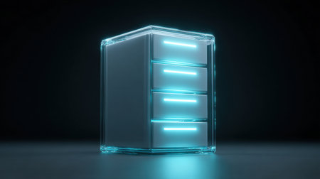 A computer server with a blue light on top. The server is a cube with four drawersの素材