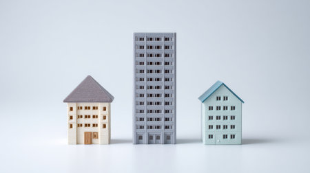 Three small buildings are lined up in a row, with the tallest one in the middle. The buildings are made of plastic and are arranged in a way that they appear to be standing on a white surfaceの素材