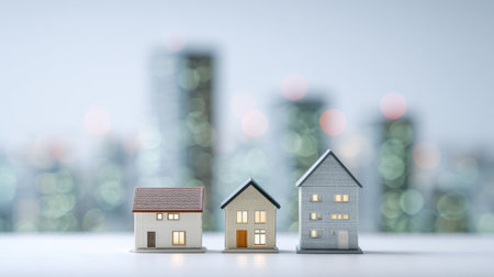 Three small houses are arranged in a row on a table. The houses are made of plastic and are placed in front of a city skyline. The scene gives off a sense of nostalgia and childhood memoriesの素材