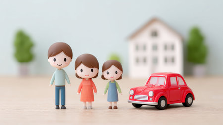 A family of three children and a man stand in front of a red car. The scene is cheerful and happy, with the family posing for a photoの素材