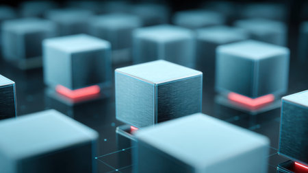 A row of cubes with red accents on the corners. The cubes are all the same size and colorの素材