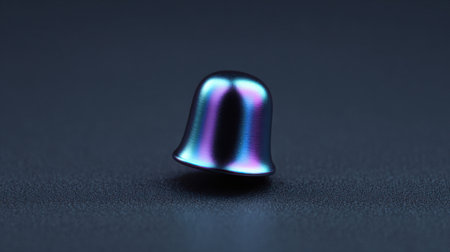 A small, shiny, metallic object with a blue and purple hue. It is sitting on a dark surfaceの素材