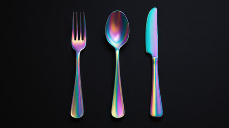 Three pieces of silverware, a fork, a spoon, and a knife, are arranged in a rainbow pattern on a black backgroundの素材