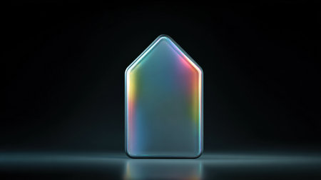 A small, colorful house is lit up in a black background. The house is made of glass and he is a hologramの素材