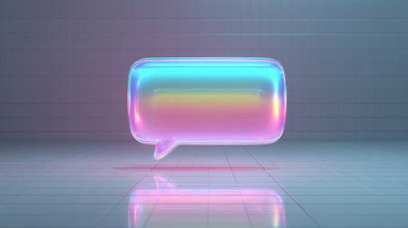A colorful, neon-lit, and reflective bubble shaped like a speech bubble. The bubble is surrounded by a white background and he is floating in mid-air. The colors of the bubble are vibrantの素材