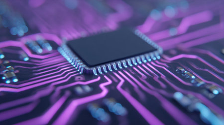 A close up of a computer chip with purple and blue colors. The chip is a part of a computer and is not in useの素材