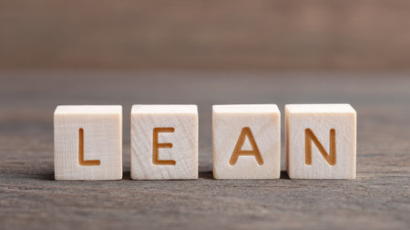 The word "lean" is written in wooden blocks on a wooden surface. The blocks are arranged in a way that they spell out the word "lean" in a creative and artistic mannerの素材